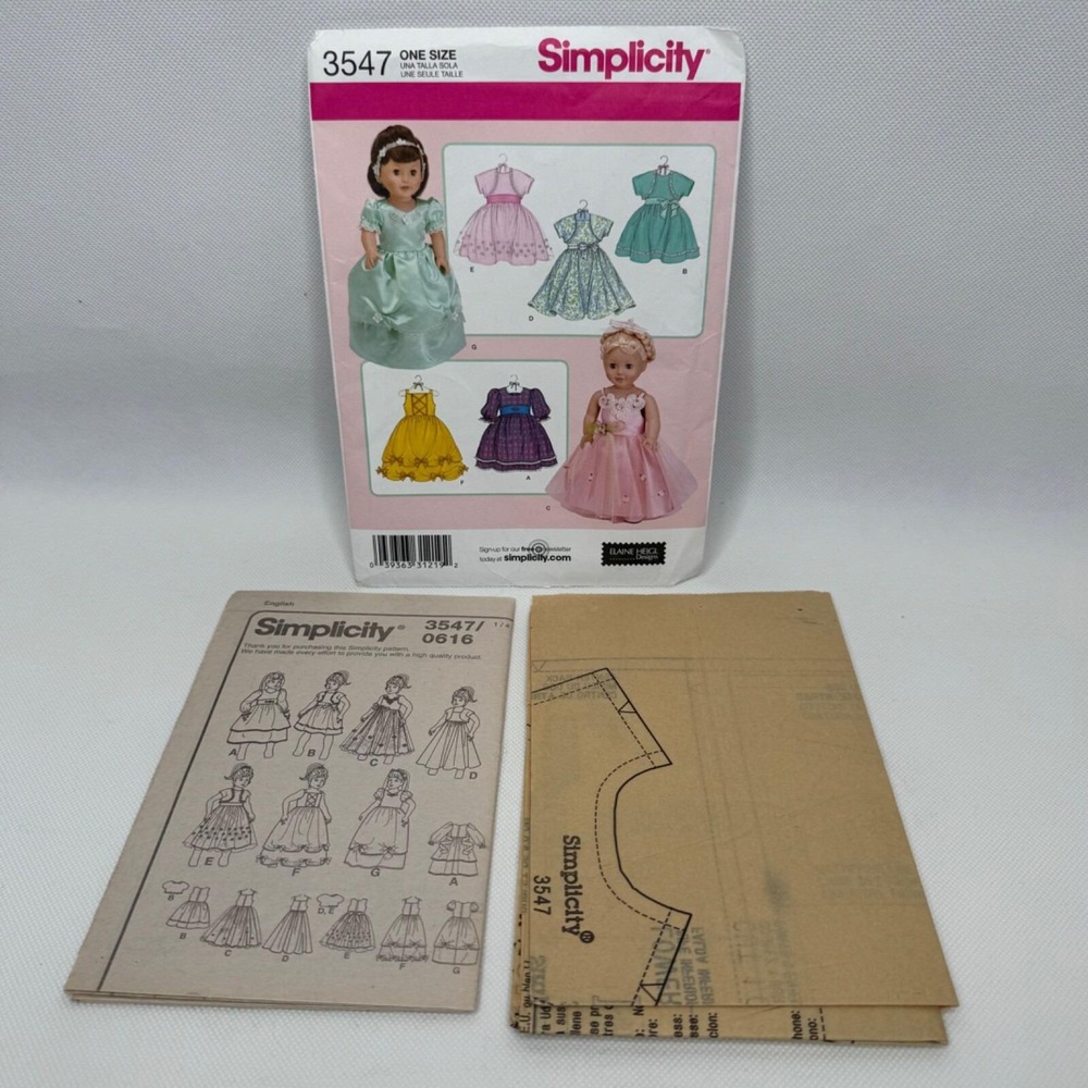 SIMPLICITY 3547 18" Doll Clothes Pattern Gown Dress Sewing Pattern 2007 Uncut‎